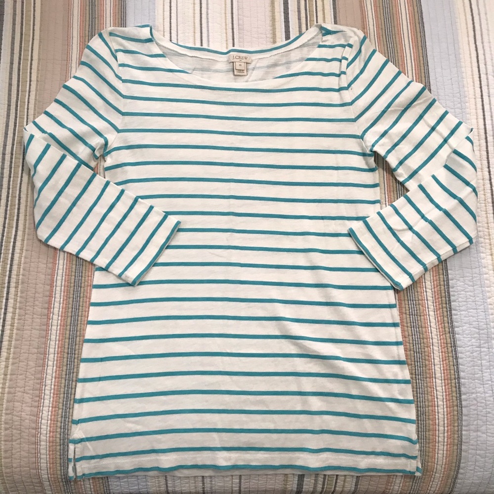 J Crew Turquoise Striped 3/4 Sleeve Top